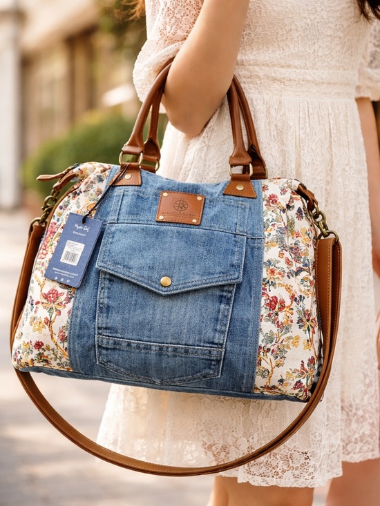 Myra Bag Handbags - Myra - Western Denim Floral Tote Bag Boho Cowgirl Purse Vintage 90s Style